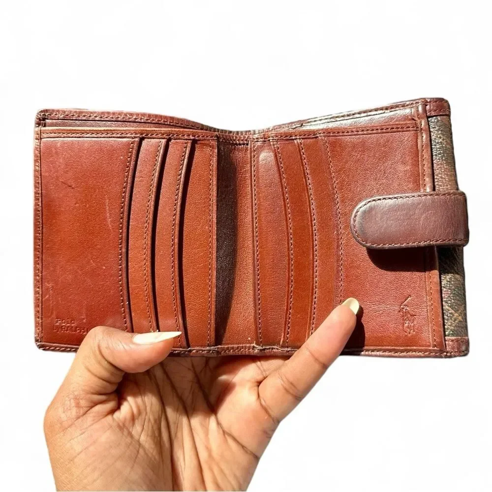 Polo Ralph Lauren Vintage Tartan Plaid Leather Wallet Brown Classic Preppy